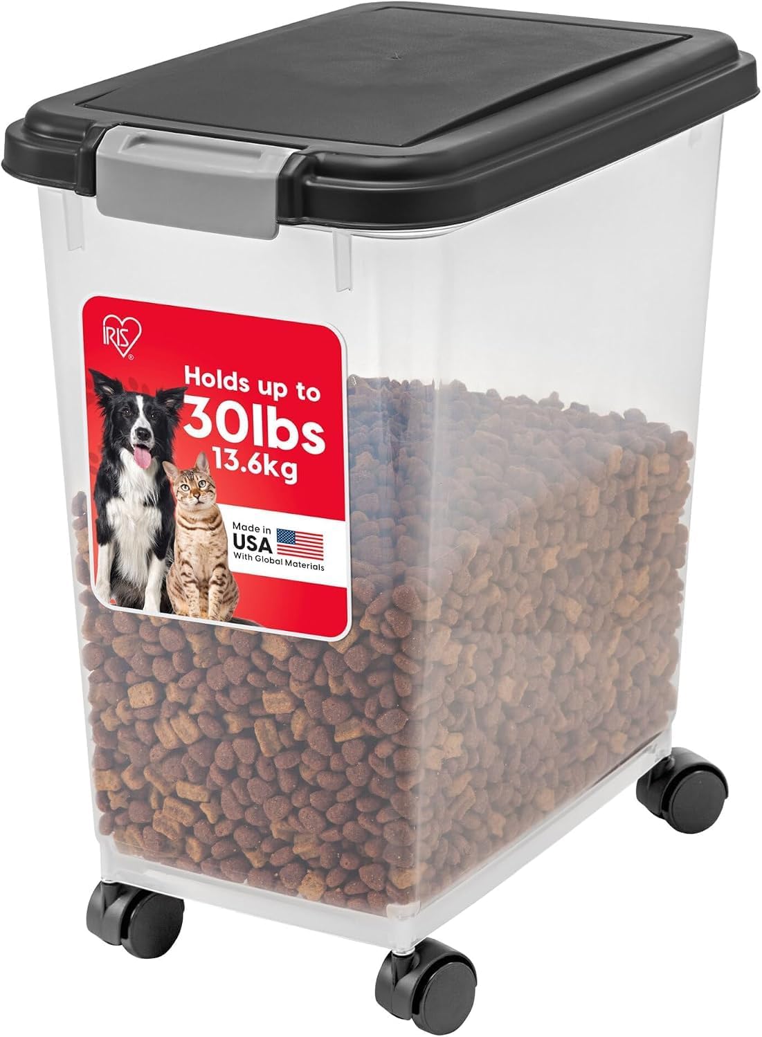 IRIS USA Airtight Pet Food Storage Rolling Container - 30 lbs / Black