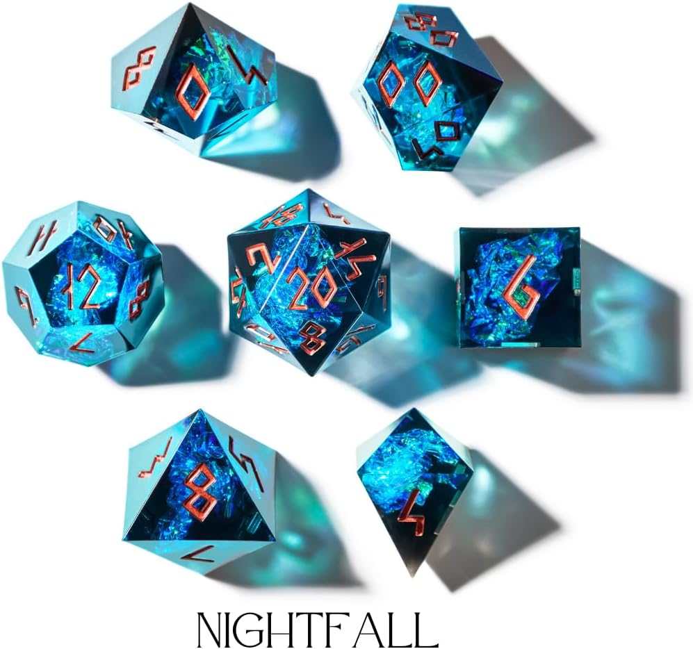 HEIMDALLR liquid core DND dice set in Fenrir's Shadow with glowing LED display box - view 12