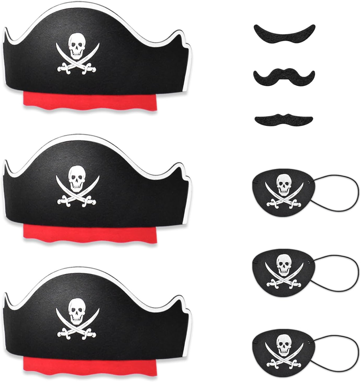 Halatool pirate party hat set with 6 felt hats, 6 skull eyepatches and 6 fake mustaches - view 3