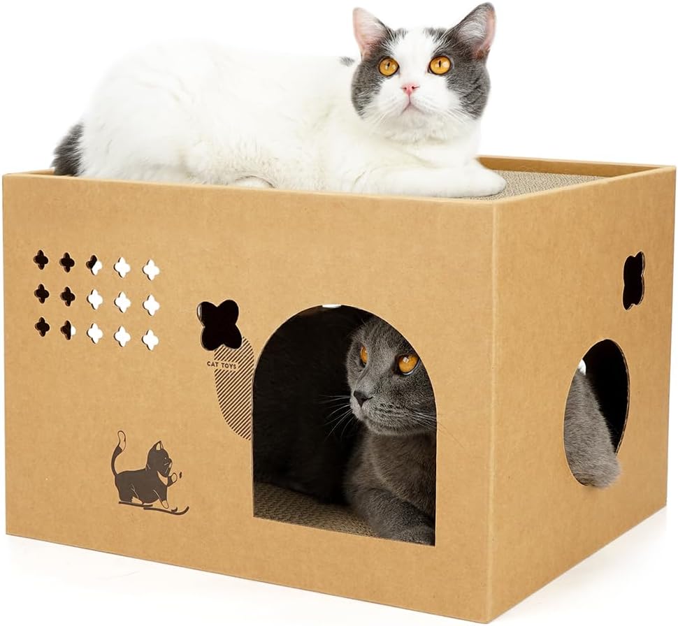 ARGOPET Cat Cardboard House with 2 PCS Scratching Pads – Essentials for Cats - Wood-Cactus