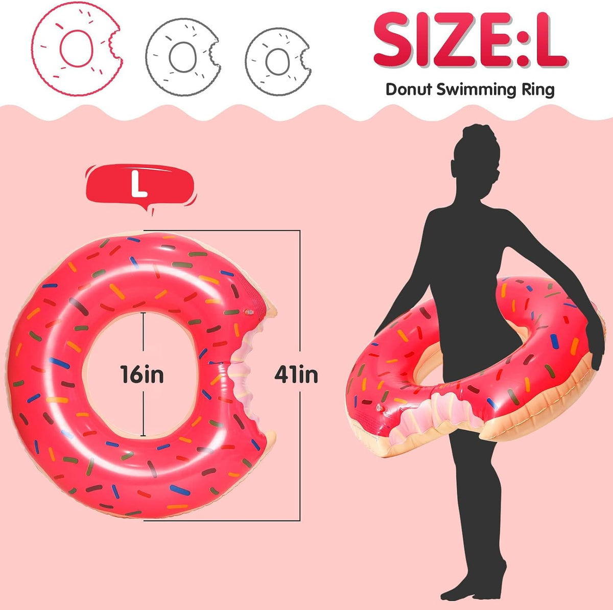 DMAR Donut Pool Float, Donut Tube & Ring for Beach & Pool - 41in Strawberry Pink - image 2