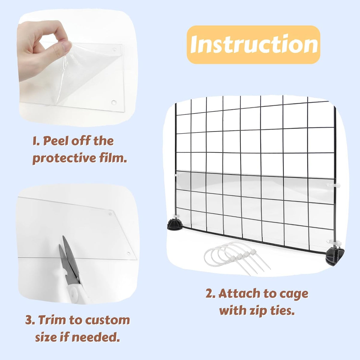 12 Pcs Cage Guard 13.8"x4.7" with Zip Ties Scatter Guard Clear – Essentials for Small Pets - 13.8" x 4.7" (12 PCS, 4 Holes) - image 4