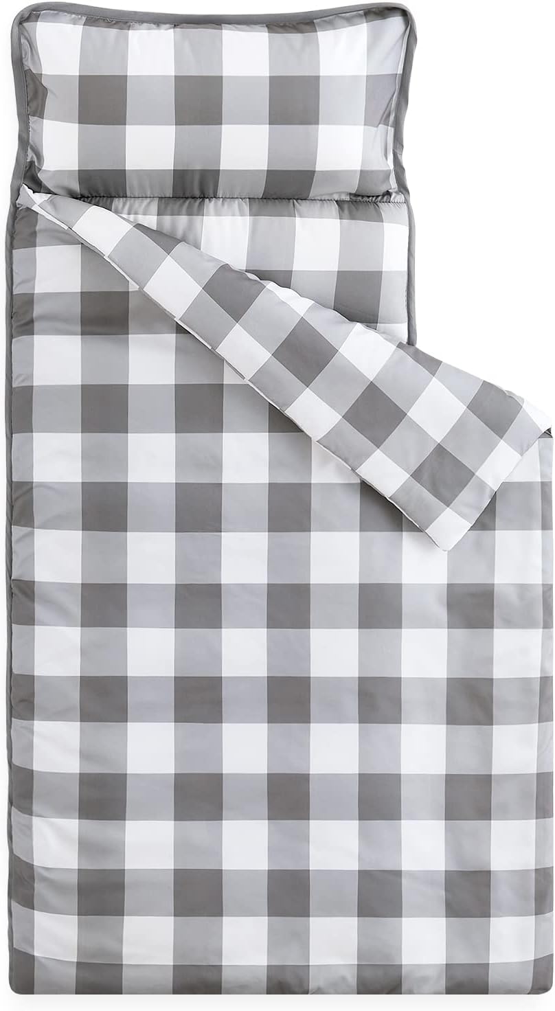 Wake In Cloud toddler nap mat in gingham plaid with built-in blanket and pillow - view 3