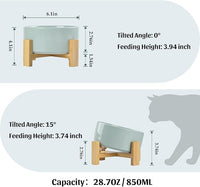 SPUNKYJUNKY 15° Slanted Ceramic Dog and Cat Bowl with Wooden Stand, Tilted Bulldog Food and Water Bowl No Slip Non-Spill for Cats Medium Dogs Big Face Pets 28.7 OZ (3.6 Cups, Morandi Green)