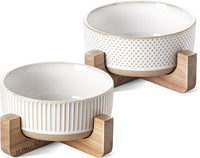 Ceramic Dog and Cat Bowl Set with Acacia Wood Stand - M-4 Cups / Lines+Dot