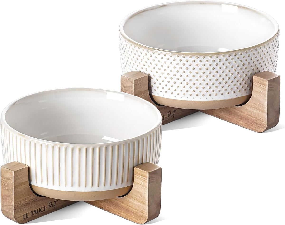Ceramic Dog and Cat Bowl Set with Acacia Wood Stand - M-4 Cups / Lines+Dot