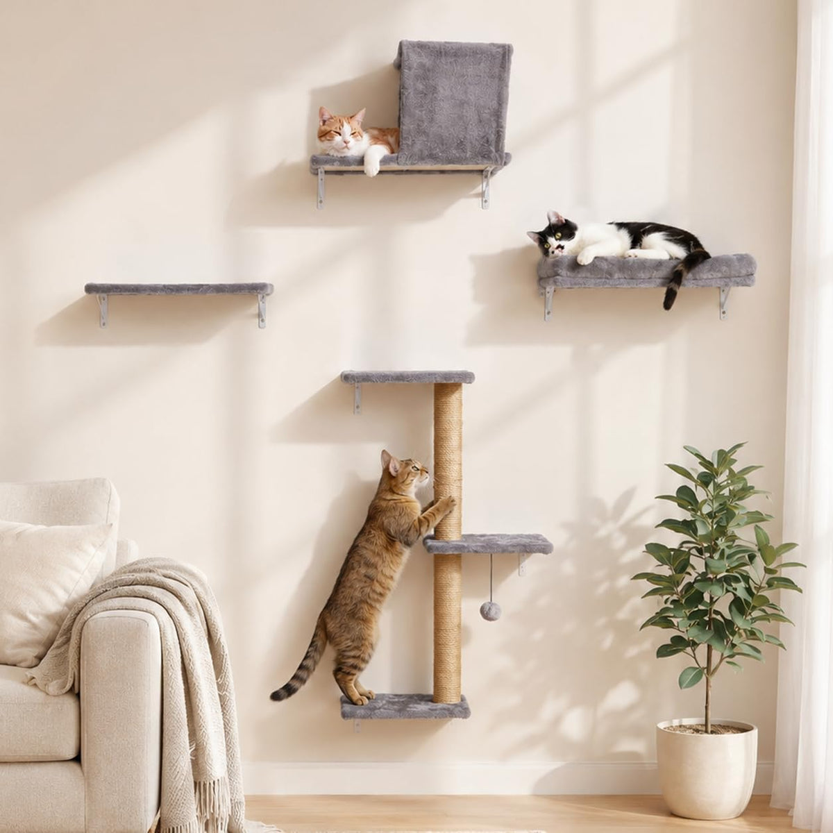 FUKUMARU Cat Wall Shelves - Light Gray / 4-Piece Set without Hammock