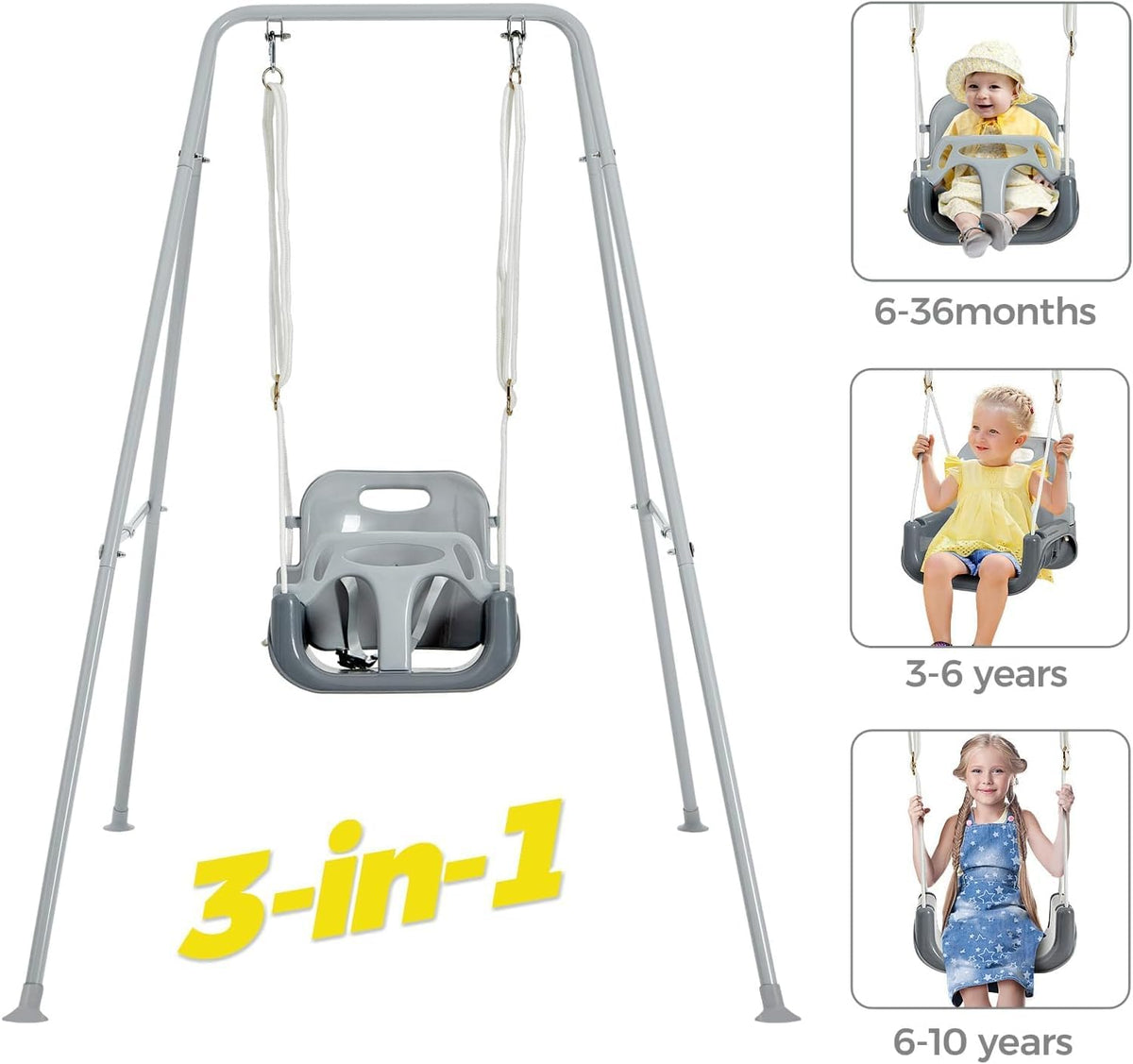 FUNLIO Toddler Swing with Foldable Metal Stand for Toddlers Aged 1~10 - Gray - image 2