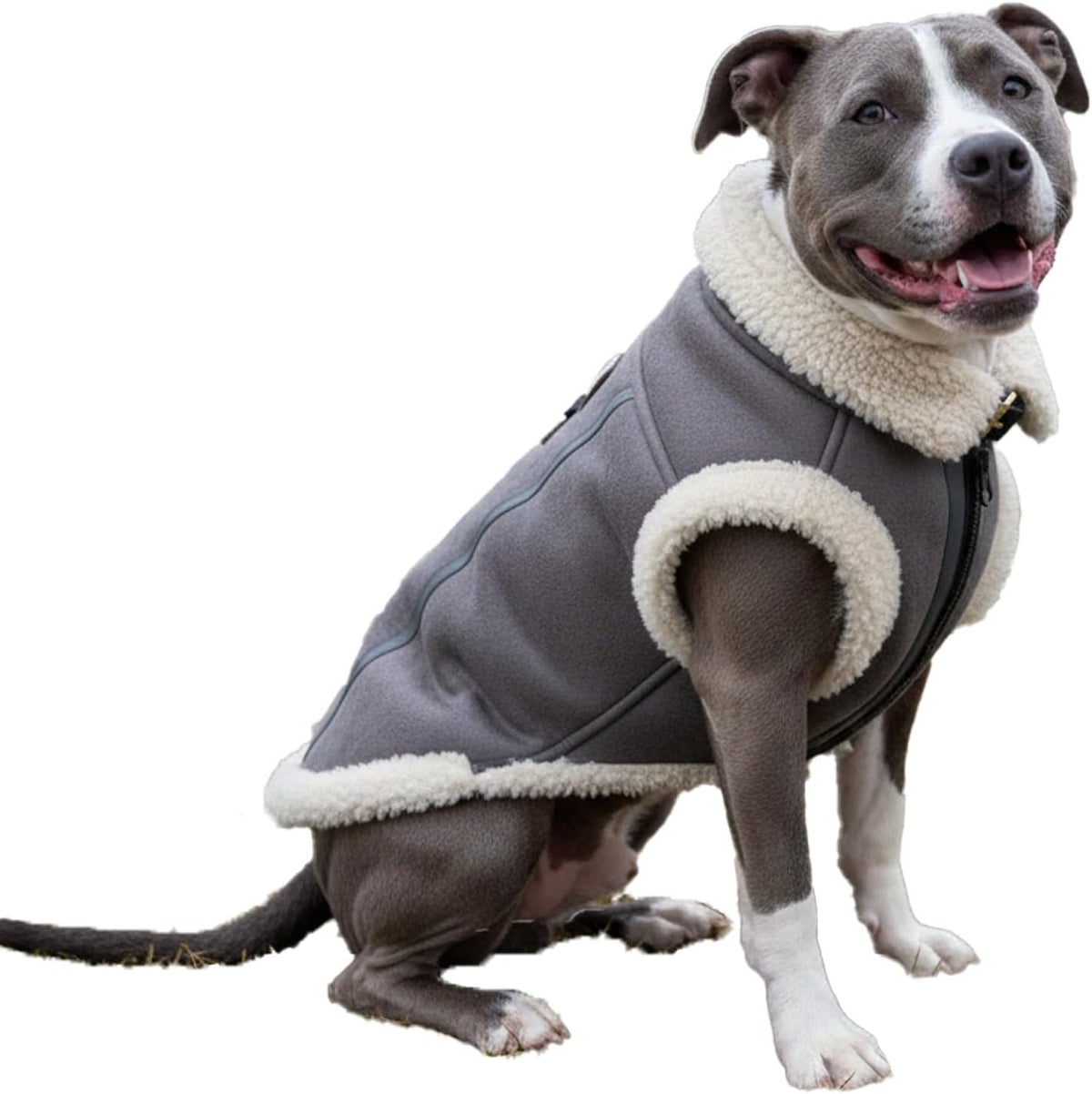 Retro Aviator Dog Jacket – Faux Leather Winter Coat with Plush Sherpa Fleece Lining for Bulldog - Gray / XX-Large