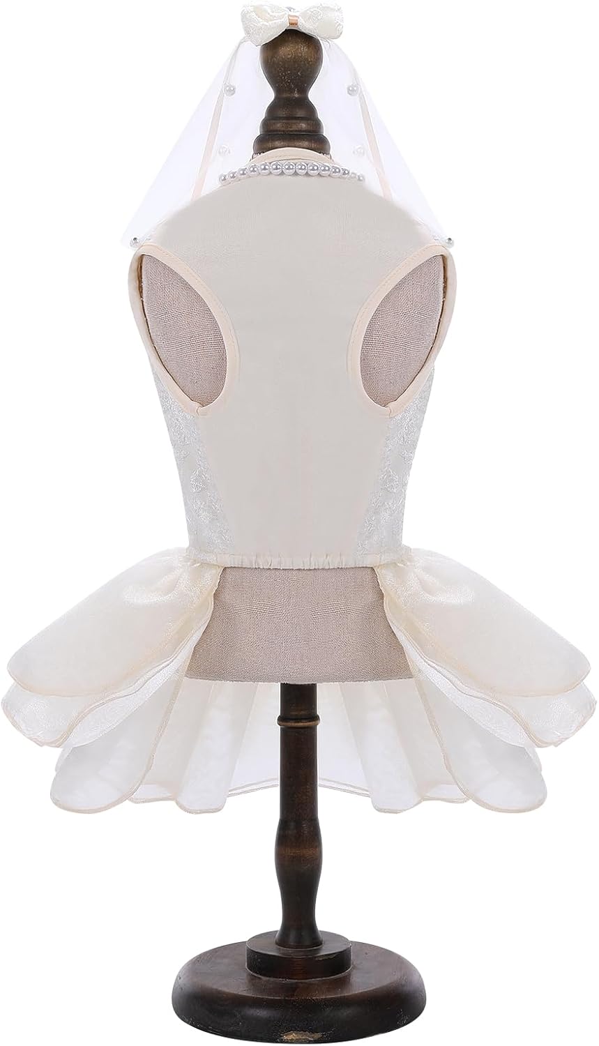 ASENKU Dog Dress, Dog Wedding Dress with Bows, Veil Attachment - Champagne / Small - image 2
