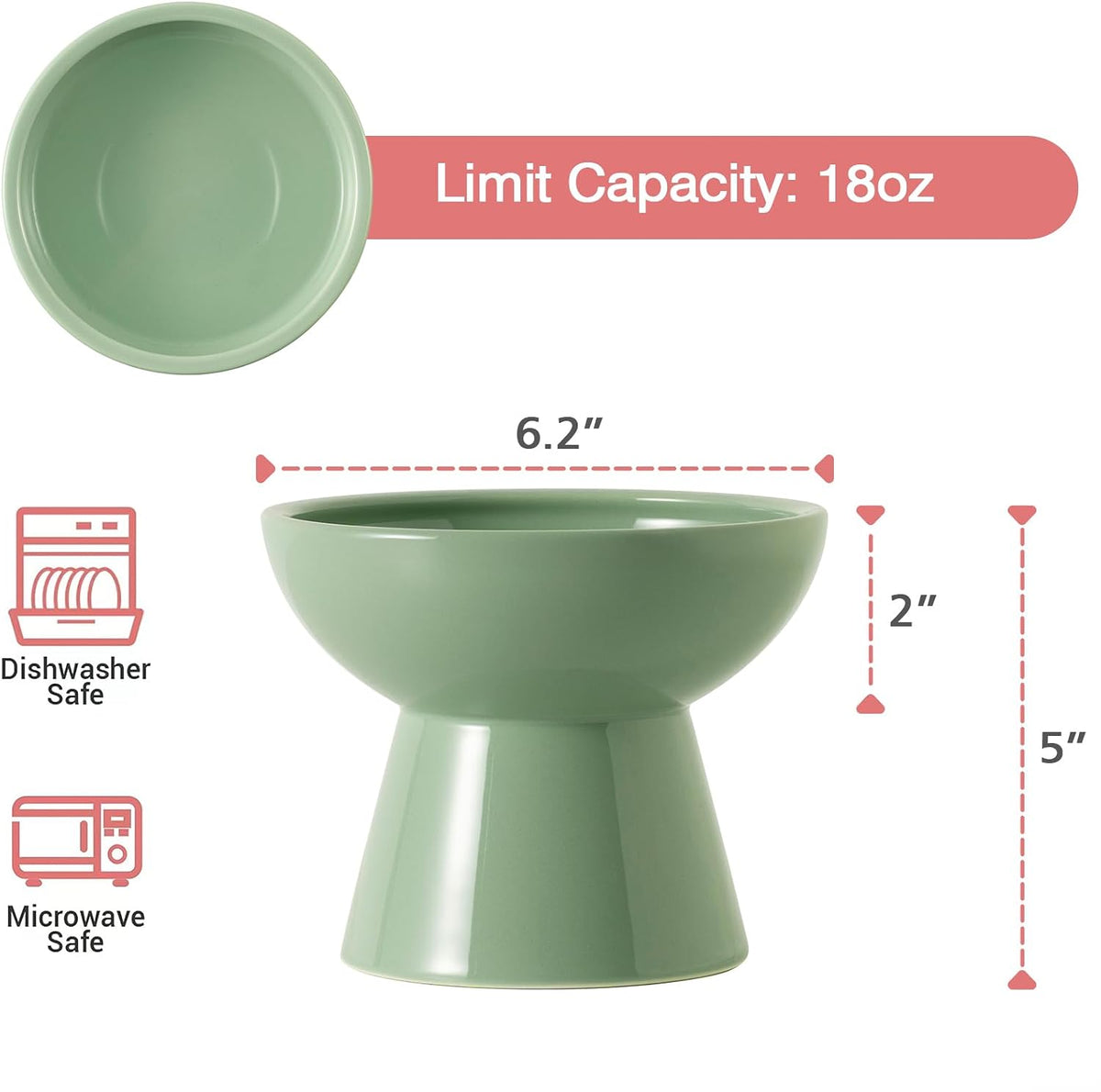 Extra Wide Elevated Ceramic 6.2" Shallow Cat Food Bowl – Essentials for Cats - Sage Green-Deeper - image 2
