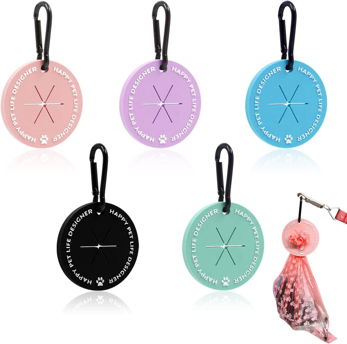 5 Pack，Dog Poop Bag Holder with Carabiner - 5 Colors