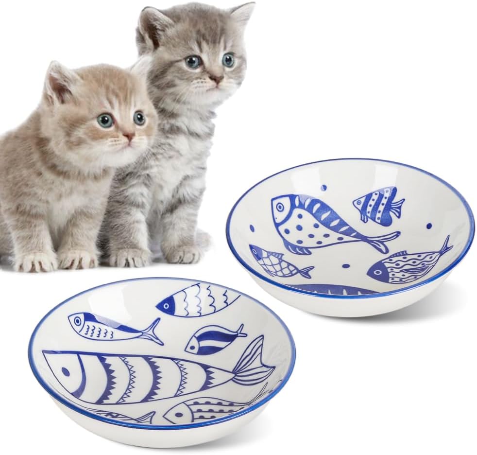 2pcs Wide Shallow Cat Bowls - Fish
