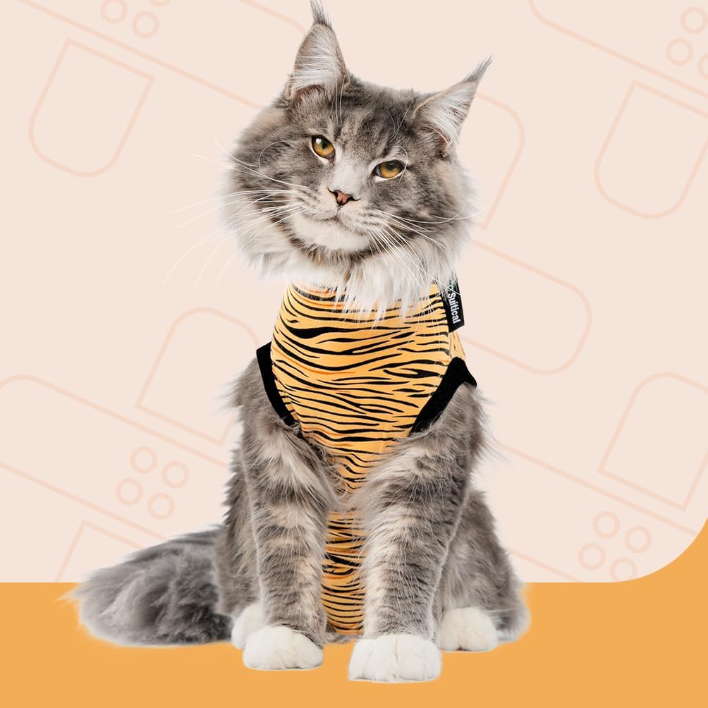 Suitical Cat Recovery Suit for Spay, Neuter, Suture, Incision - Tiger Print / S