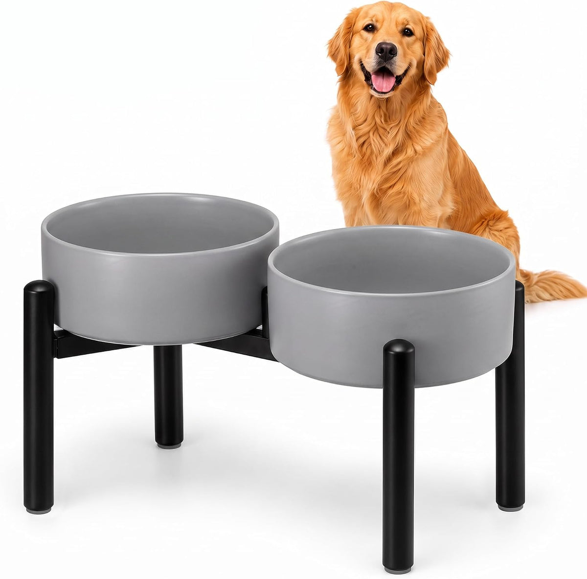 Raised Ceramic Dog Bowl Set with Stand - Dark Gray / 2 Bowls - 7.5 Cups Each