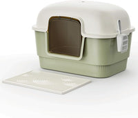 Cat Litter Box with Litter Mat and Scoop,High Wall Enclosed Cat Litter Boxes for Anti-Leakage, Covered Kitty Litter Box with Handle and Buckles for Portability and Privacy, Odor Control (Green)