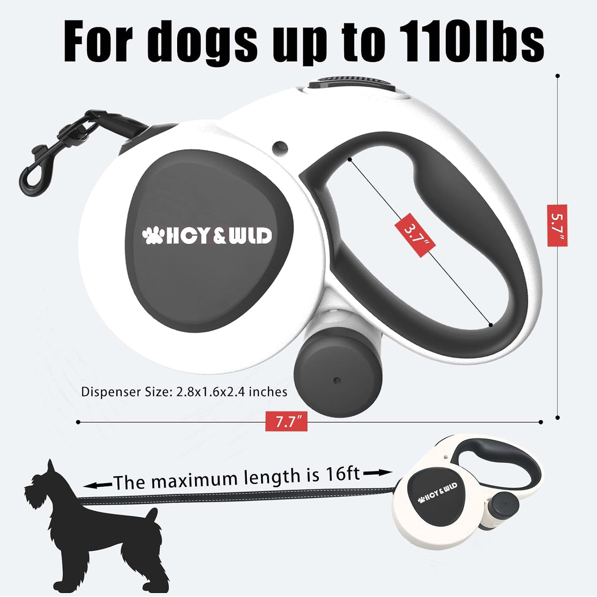4-in-1 Retractable Dog Leash with LED Light & Dispenser & Poop Bags – Essentials for Dogs - Large - Without Light - image 3