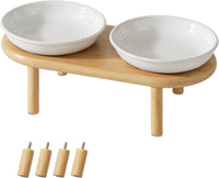 Elevated Cat Bowls, Ceramic Cat Bowl with Bamboo Stand Wide Opening – Essentials for Cats - White / Stripe Set + Bamboo