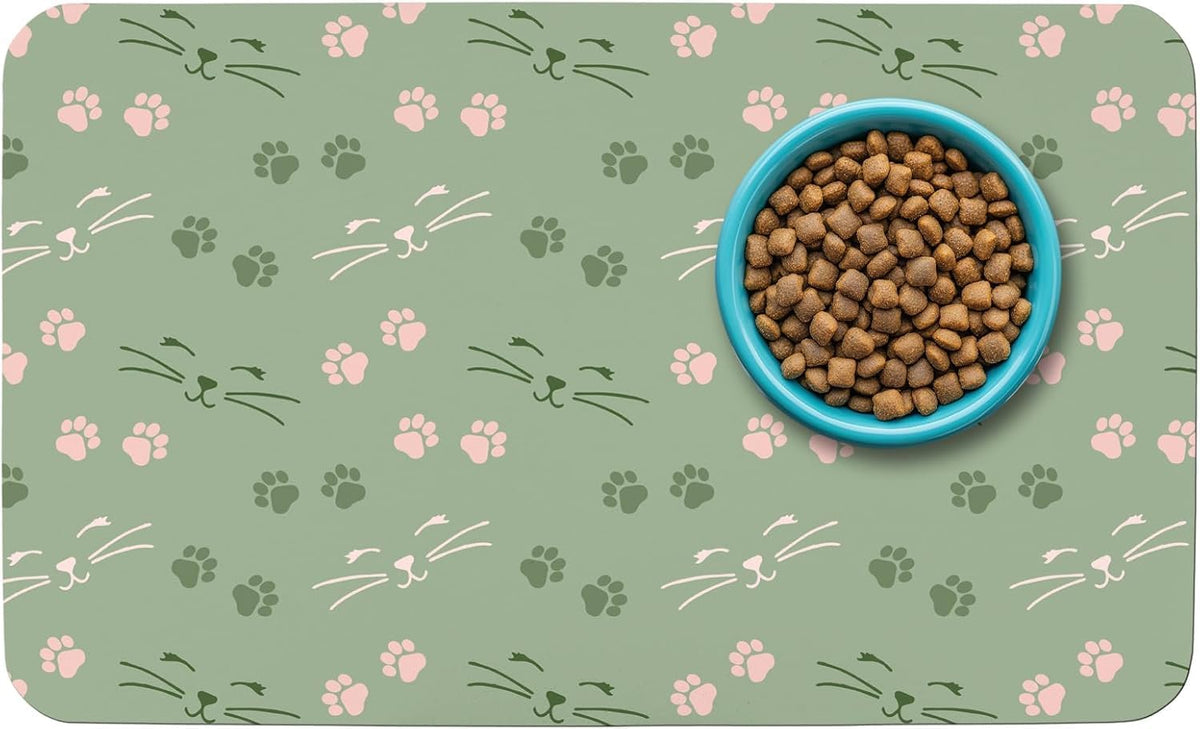 Patterned Cat & Dog Bowl Mat for Food and Water - Large (17" x 30") / Light Green-catpaw