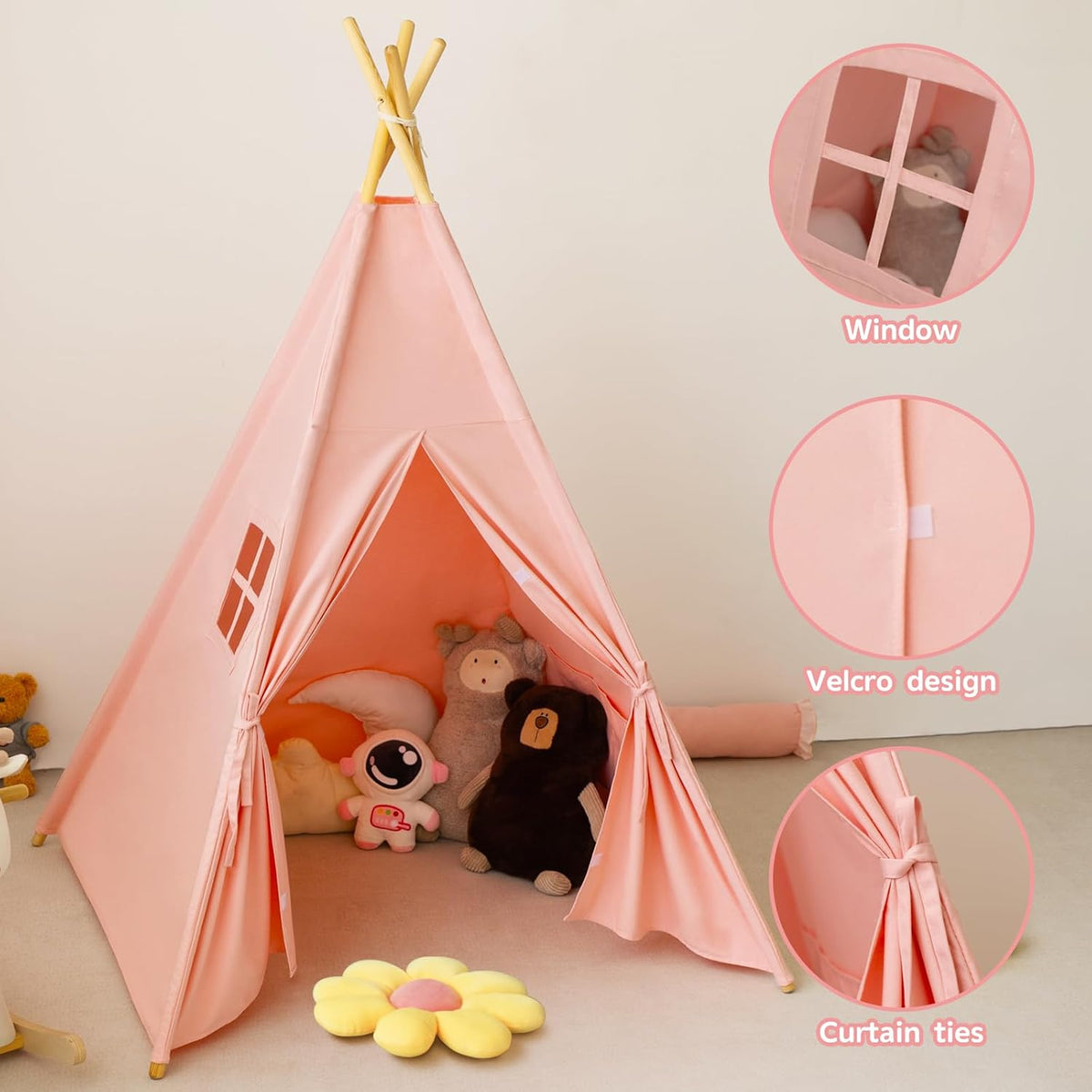 RongFa white canvas teepee tent for kids with wooden poles, flap door and mesh window - view 16