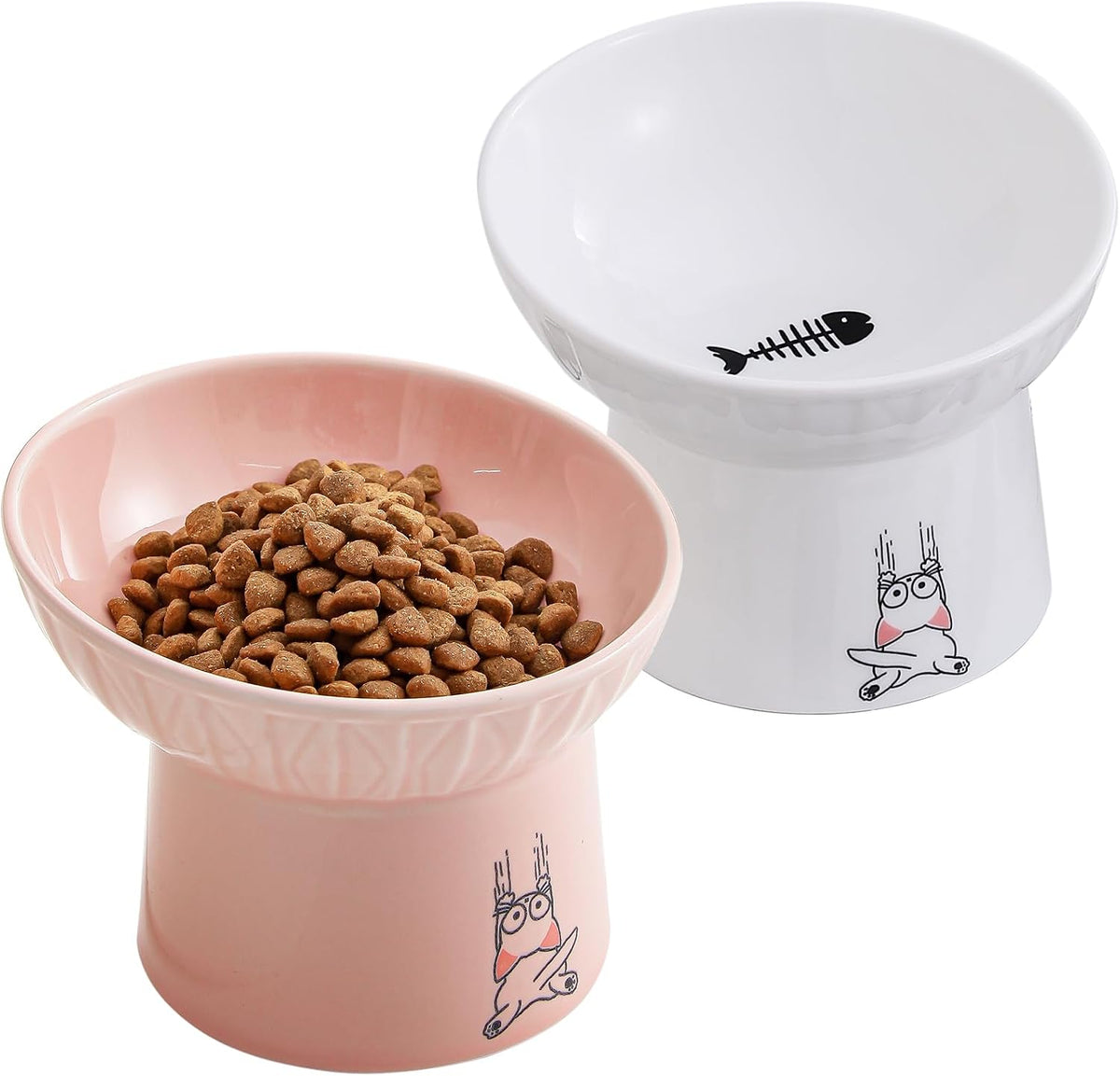 6.5 Inch Extra Wide Ceramic Raised Cat Bowl Set - White & Pink
