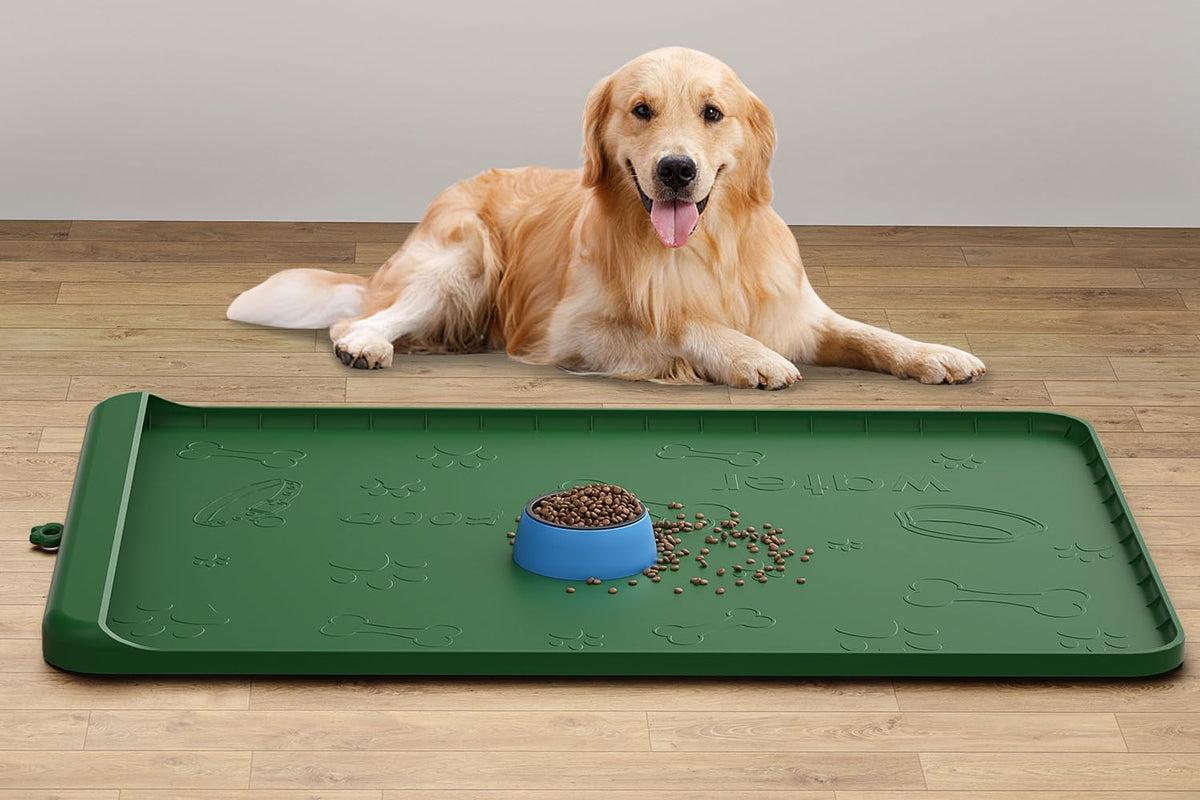 Dog Food Mat 36"x24" - Silicone Dog Mat for Food and Water Large Pet Feeding Mats with Residue - Khaki Green / 36"L x 24"W