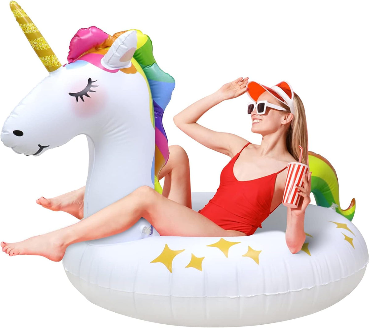 Rtudan 51.5 inch unicorn pool float with golden horn, stars and rainbow tail
