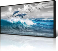 Wapluam Large Wall Art For Living Room Wall Decorations For Bedroom Blue Waves Of The Sea Wall Pictures Artwork Modern Office Dolphins Canvas Print Wall Paintings Black Framed Home Decor Poster