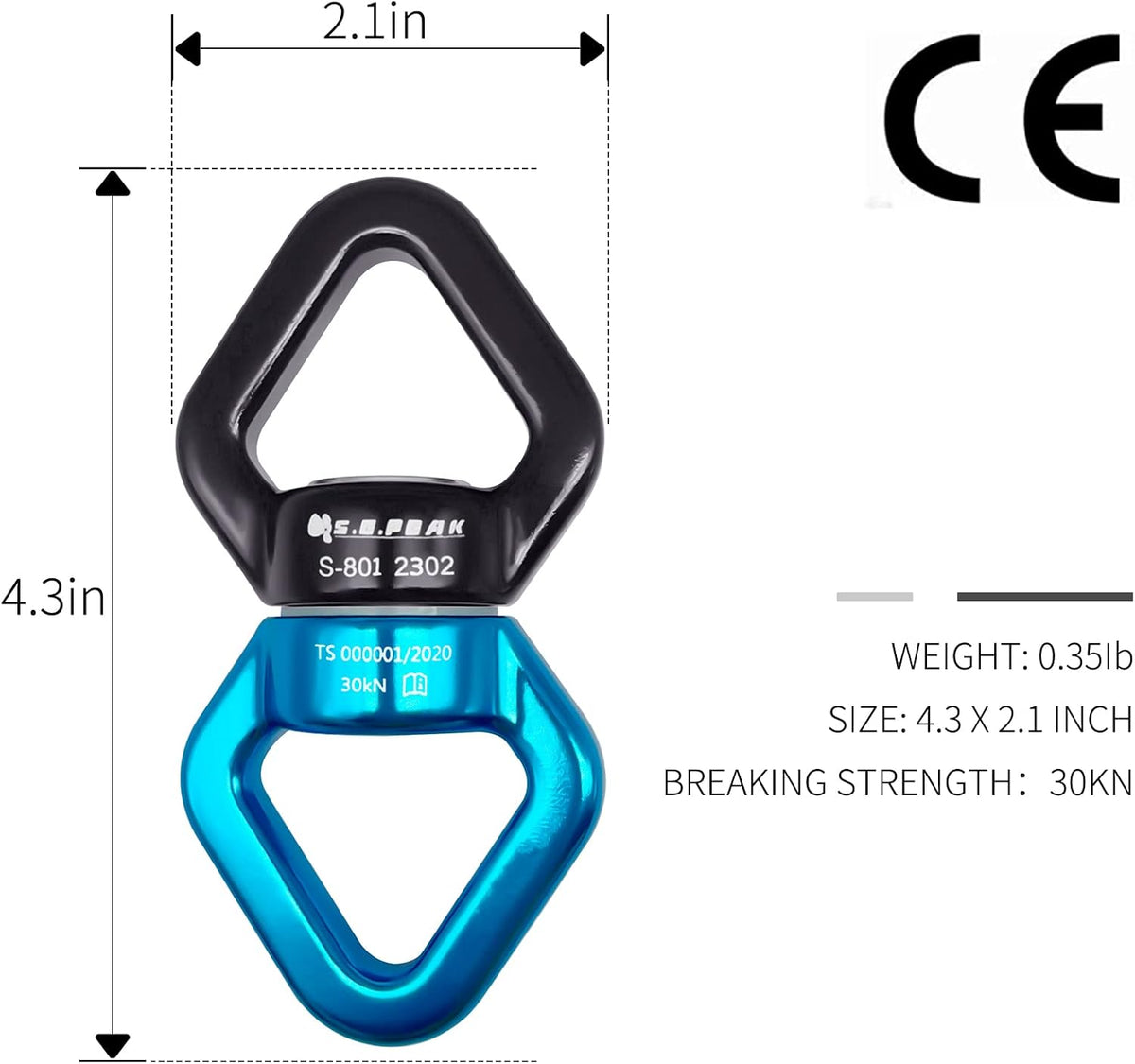 S.E.PEAK black anodized aluminum 35kN swing swivel with 360 degree rotation - view 18