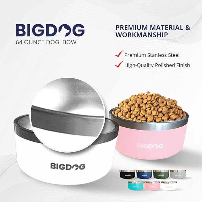 BIGDOG Large Dog Bowls, Stainless Steel Dog Food and Water Bowl (64 Ounce, Army Green)