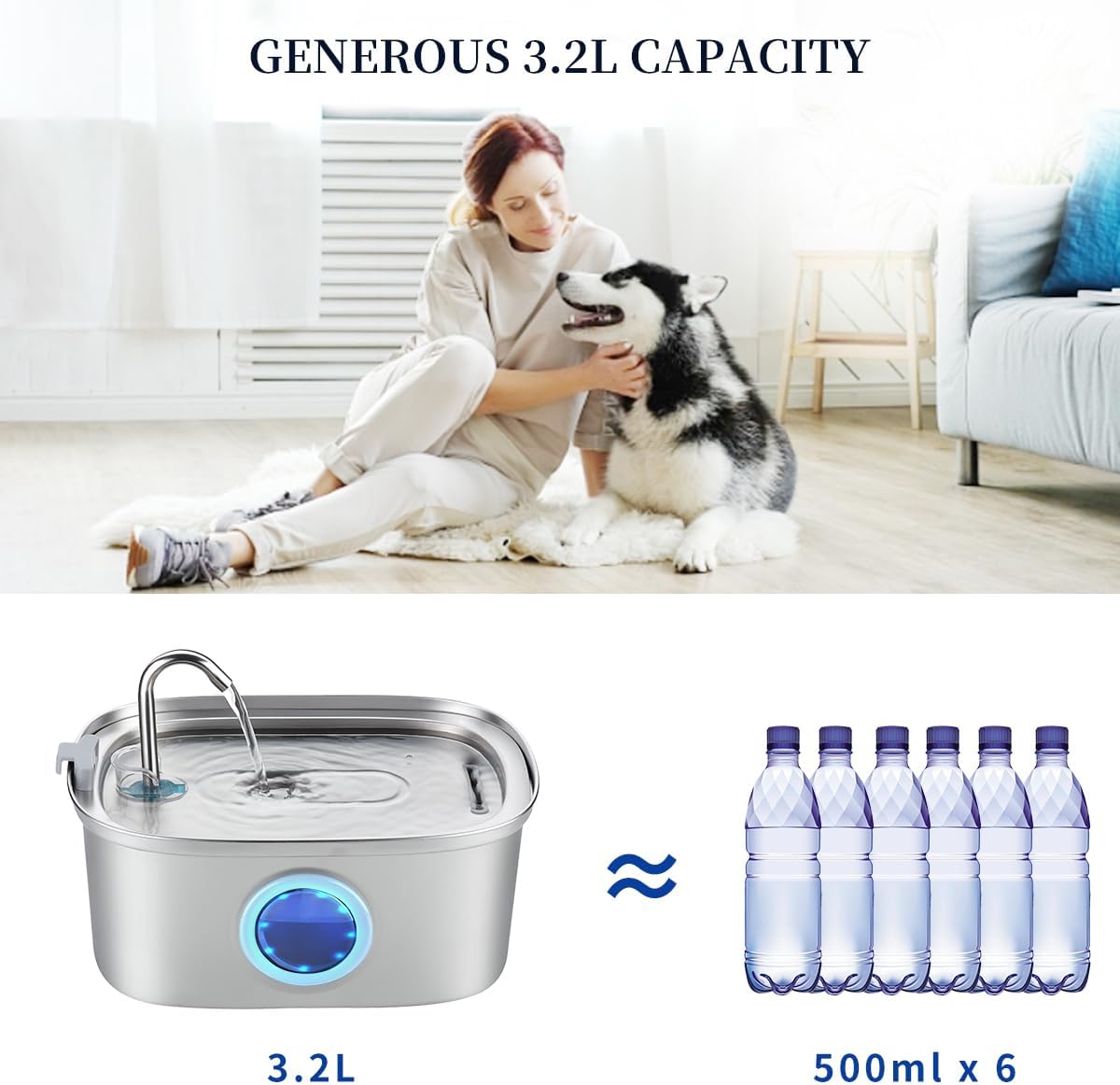 Stainless Steel Cat Water Fountain - 3.2L Fountain+3 Filters + 1 Sponge - image 2