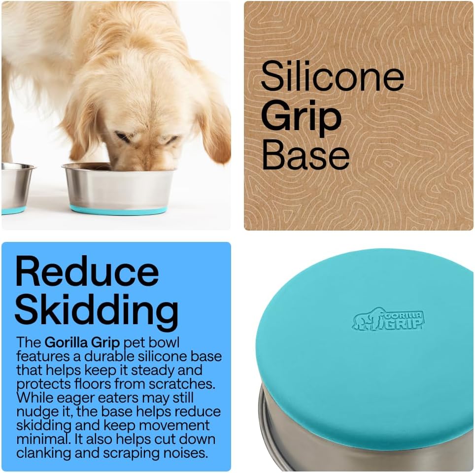 GORILLA GRIP Dog Bowl Set, Food Grade 304 Stainless Steel, 8 Cup - Turquoise / 4 Cup - Single Bowl - image 3