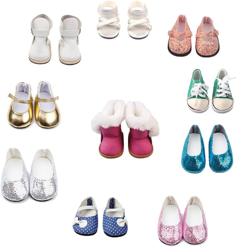 Bosoirsou 10 pairs of 18 inch doll shoes including boots, sandals, dance shoes and canvas shoes