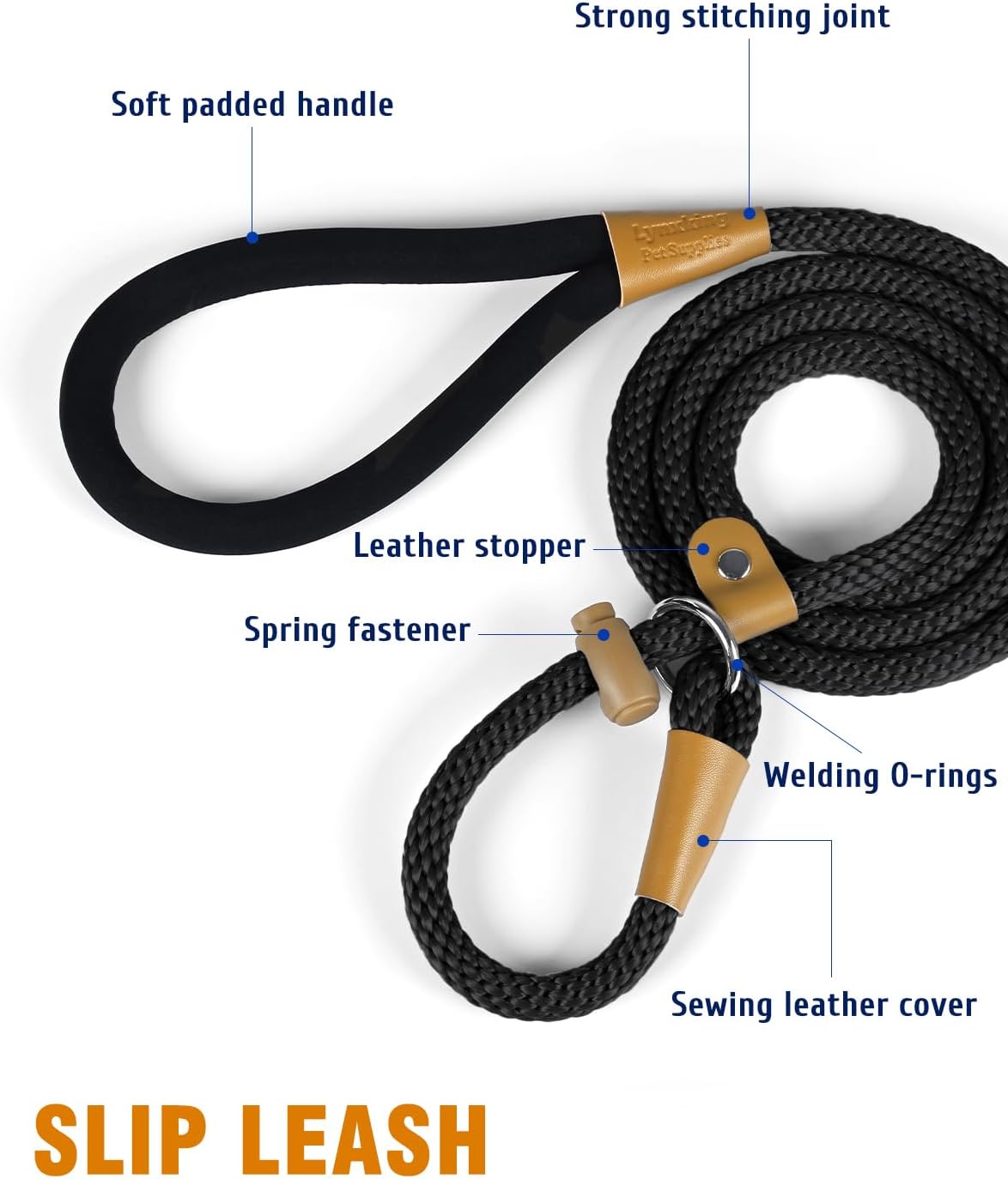 Dog Leash Slip Lead Braided Rope Pet Training Loop Leashes 5ft 6ft 8ft – Essentials for Dogs - Black / Slip Lead-1/2in x 5ft Large - image 2