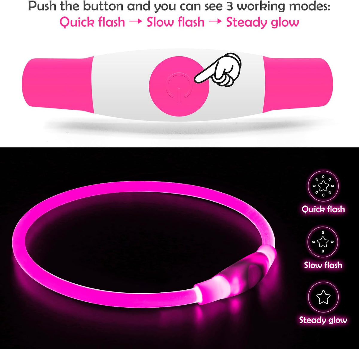 Led Dog Collar, BSEEN USB Rechargeable Flash Light up Dog Collar – Essentials for Dogs - Pink - image 2