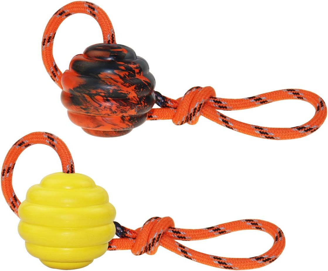 K9 Training Ball with Rope, Exercise and Reward Toy for Dogs - Orange and Yellow