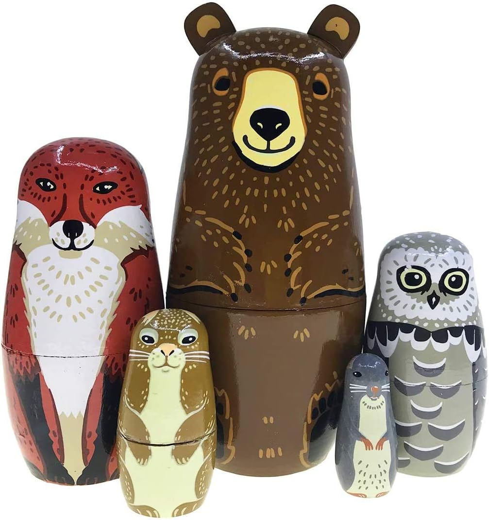 Kakeah 5 piece wooden nesting dolls set with brown bear, fox, owl, rabbit and raccoon
