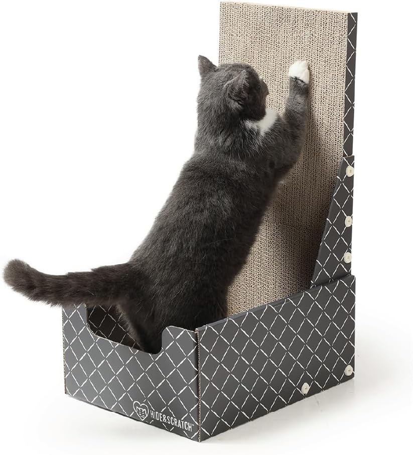 Hide & Scratch Cardboard Cat Scratcher Box & Bed Dark Grey Diamond Pad – Essentials for Cats - Dark Grey L-Shaped