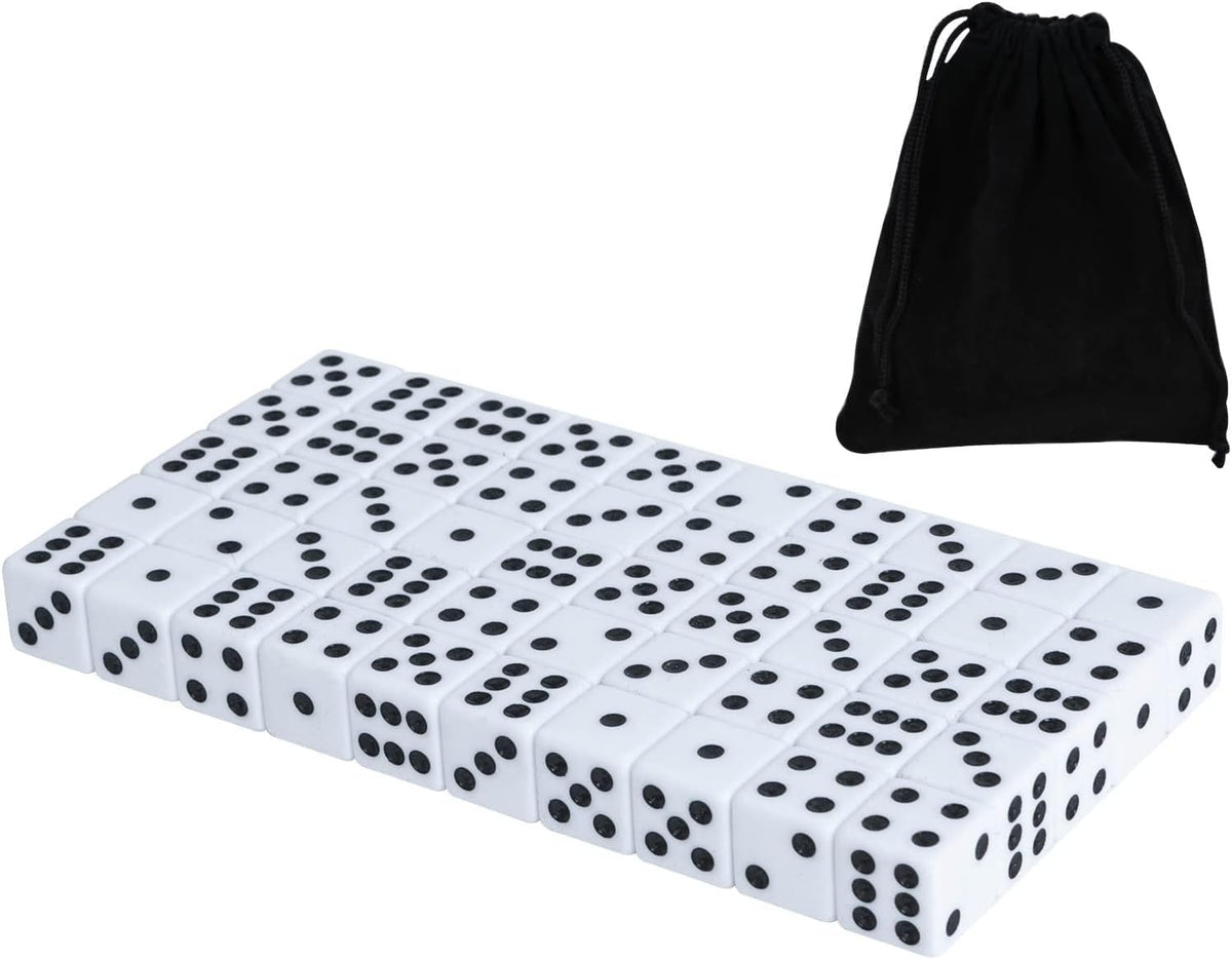 50 Pack 16MM White Dice, Six Sided Standard Opaque - 100