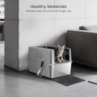Enclosed Stainless Steel Cat Litter Box with Lid, Metal Litter Box for Big Cats, Extra Large Cat Toilet with High Side, Non-Stick, Anti-Leakage, Odorless, with Cats Litter Mat & Litter Scoop
