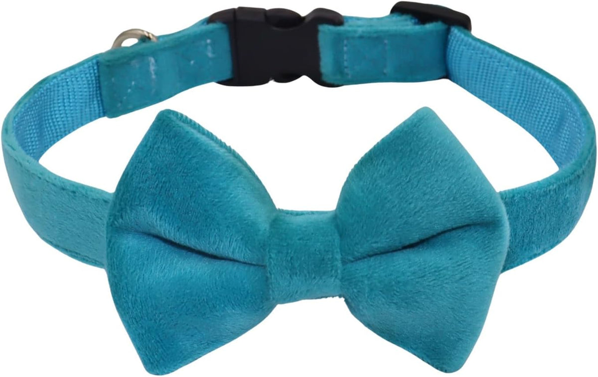 Dog Collar with Bowtie Soft Velvet Material with Quick Release Buckle - M / Blue