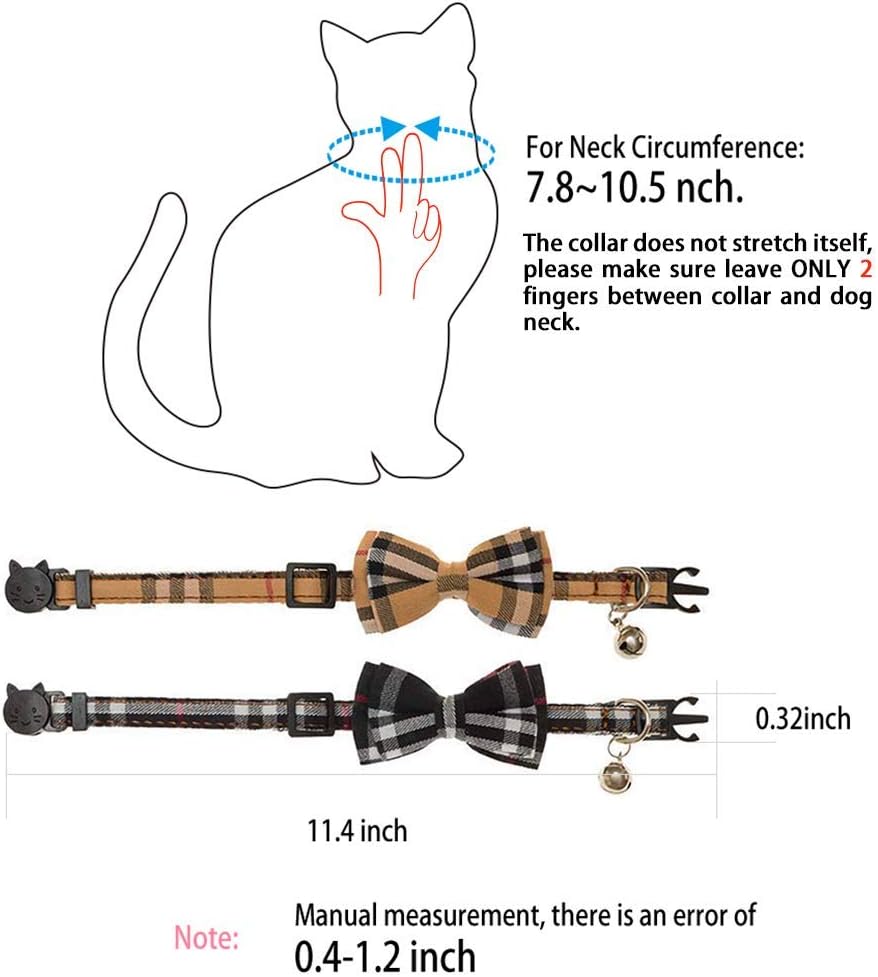 2 Pack/Set Cat Collar Breakaway with Cute Bow Tie and Bell for Kitty - Black+Brown / Plaid - image 4