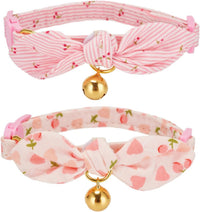 Cotton Bowtie Cat Collar with Bell 2 Pack Adjustable Breakaway Kitten - Cherry Pink+Pink / 7.5-11.4 Inch (Pack of 2)