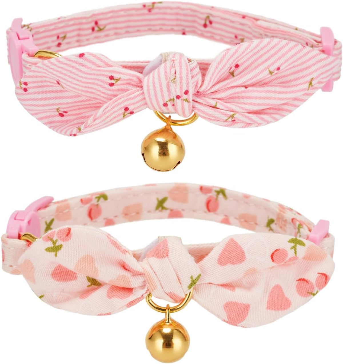 Cotton Bowtie Cat Collar with Bell 2 Pack Adjustable Breakaway Kitten - Cherry Pink+Pink / 7.5-11.4 Inch (Pack of 2)