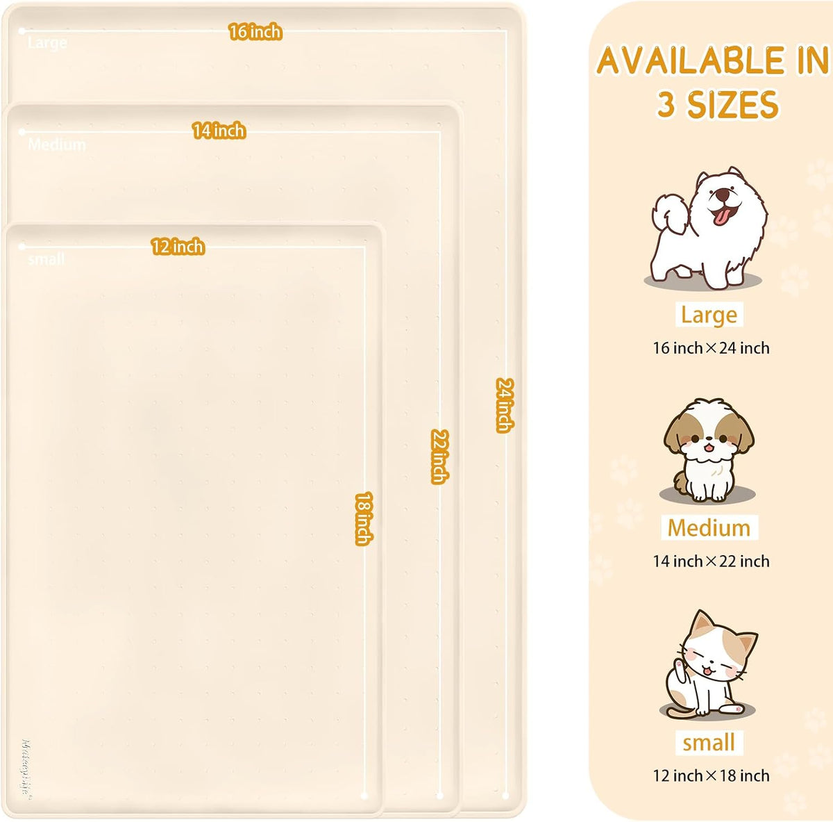MateeyLife Silicone Cat & Dog Food Mat for Floors Waterproof - Beige / 18"L x 12"W - image 3