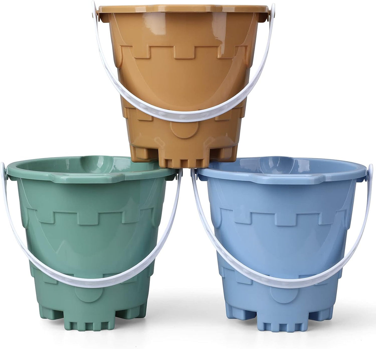 Anzmtosn castle sand buckets 3 pack, 7 inch green and blue beach pails with handles - view 2