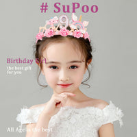 SuPoo 4th Birthday Headband Flower Crown for Girls Princess Tiara 4th - Pink-9th - image 3