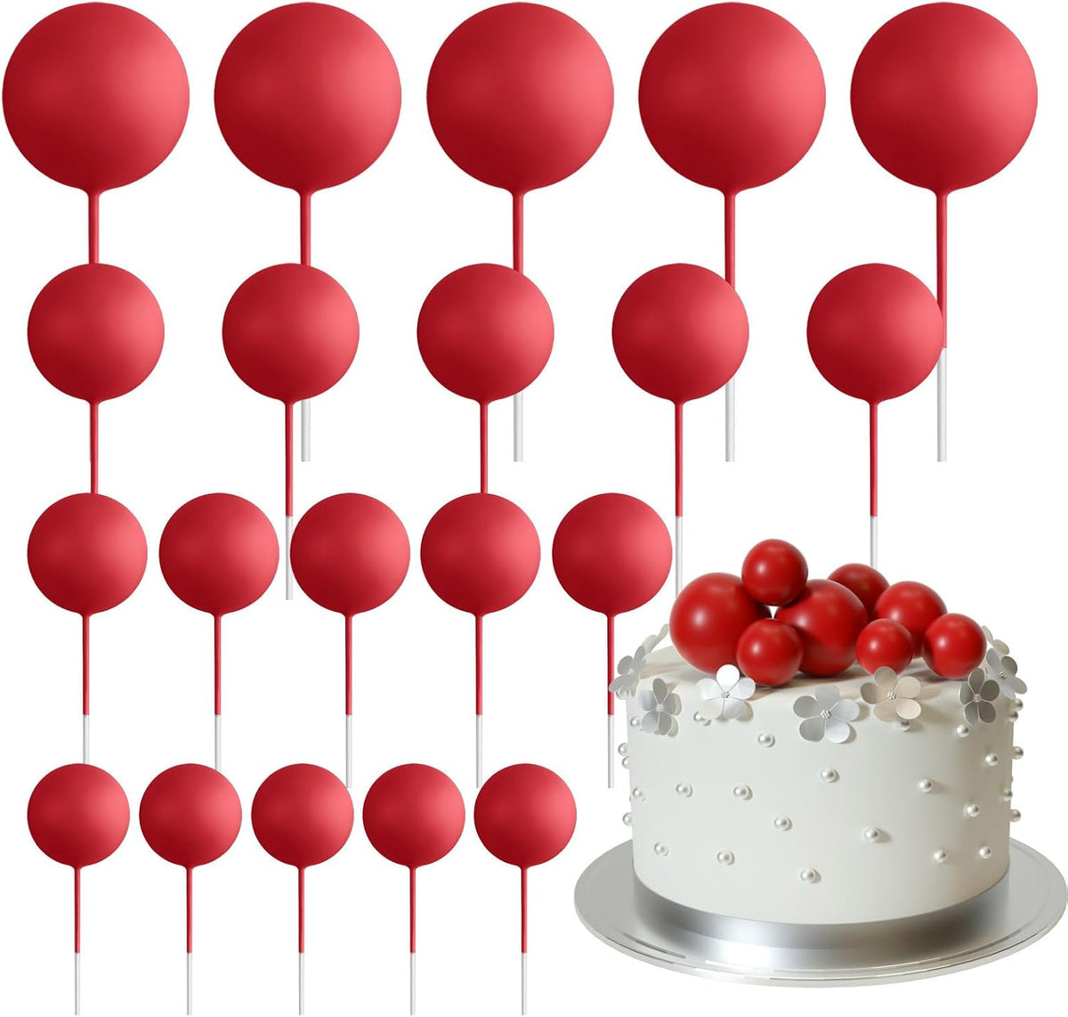 ASTARON 20 Pcs Gold Balls Cake Topper Decorations for Birthday Cake - Red