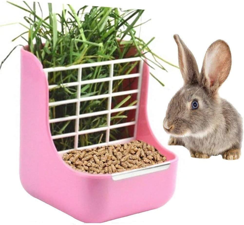Rabbit Supplies with Bowl & Hay Feeder - Pink