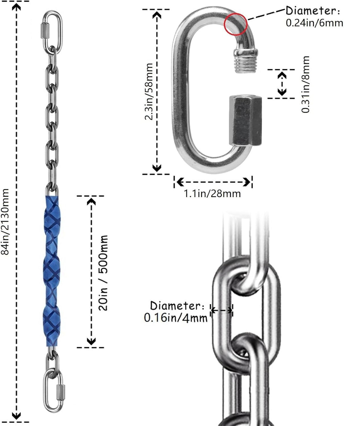 Dakzhou 84 inch stainless steel swing chains with grip sleeves and quick connection buckles - view 13